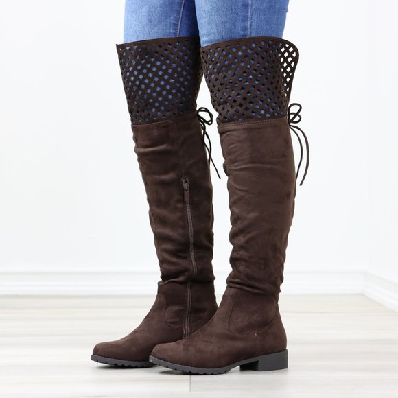 Shoes - Brown Thigh High Over The Knee Flat Boots Faux Suede